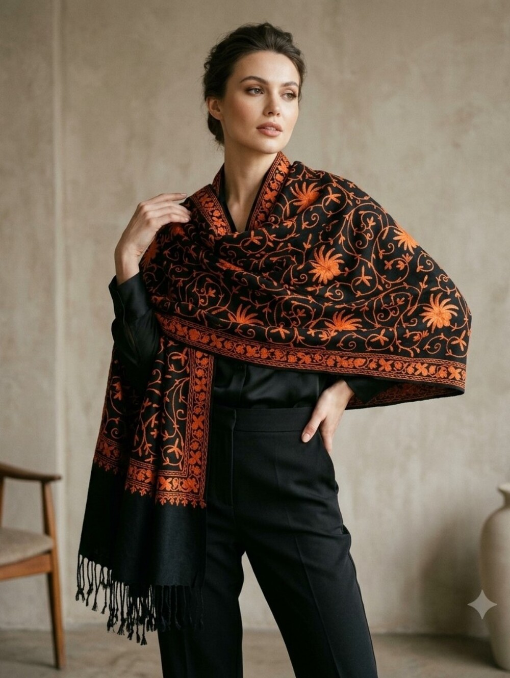 Embroidered Kashmiri Pashmina Stole Wrap Thin Wool Black & Orange